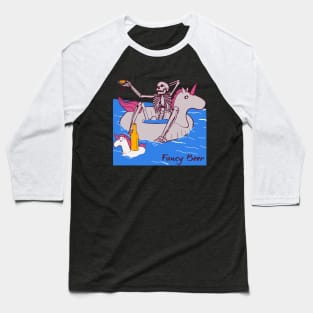 Funny Skeleton Sitting On A Unicorn In A Pool Drinking Fancy Beer Baseball T-Shirt